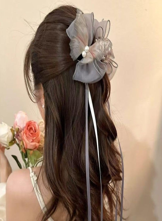 Melodio Elegant Lace Butterfly Tulle Bow Hair Claw Clips with Ribbon Tassel - Dainty Mesh Butterfly Hair Accessories with Long Tail for Birthday, Wedding & Party Hairstyles for Women (Grey) - Image 2