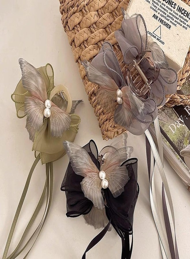 Melodio Elegant Lace Butterfly Tulle Bow Hair Claw Clips with Ribbon Tassel - Dainty Mesh Butterfly Hair Accessories with Long Tail for Birthday, Wedding & Party Hairstyles for Women (Grey) - Image 4