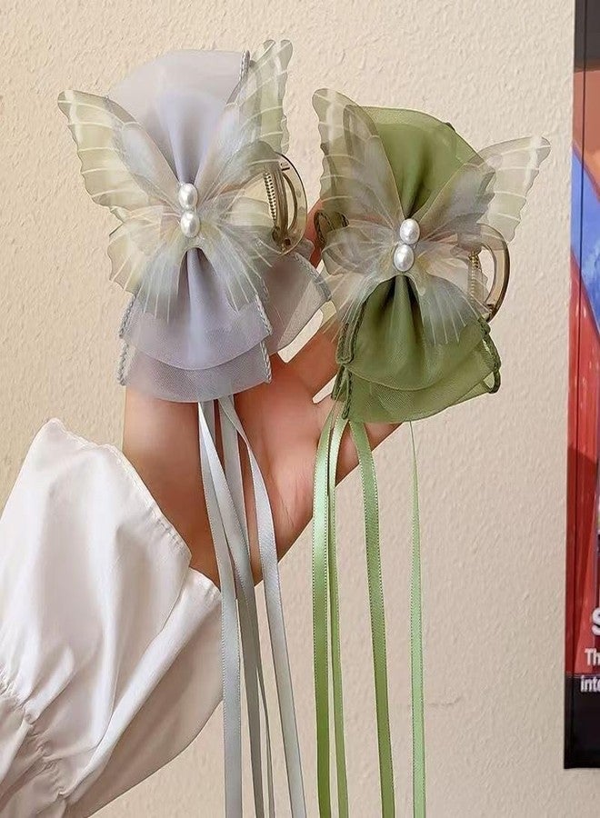 Melodio Elegant Lace Butterfly Tulle Bow Hair Claw Clips with Ribbon Tassel - Dainty Mesh Butterfly Hair Accessories with Long Tail for Birthday, Wedding & Party Hairstyles for Women (Grey) - Image 3