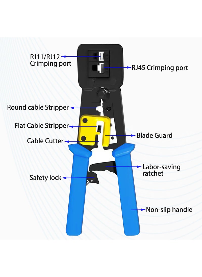 Pass Through RJ45 Crimp Tool Ratcheting Ethernet Crimping Tool Kit Ethernet Crimper for RJ45 Pass Through Connector and RJ11RJ12 connectors