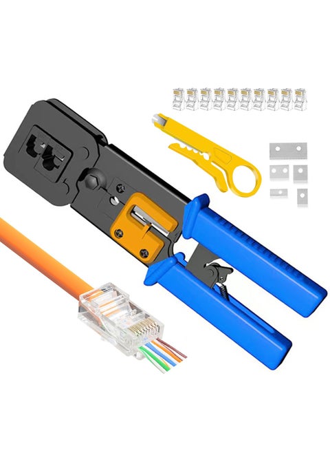 Pass Through RJ45 Crimp Tool Ratcheting Ethernet Crimping Tool Kit Ethernet Crimper for RJ45 Pass Through Connector and RJ11RJ12 connectors