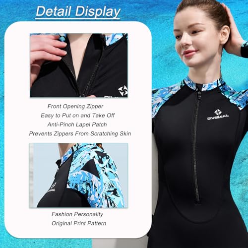 Skyone Full Body Rash Guard Swimsuit Dive Skins for Women Men, Thin Wet Suit Diving Suit UV Protection Long Sleeve Scuba Skin (Black Blue Women, X-Small) - Image 3