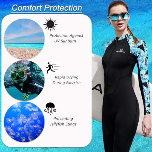 Skyone Full Body Rash Guard Swimsuit Dive Skins for Women Men, Thin Wet Suit Diving Suit UV Protection Long Sleeve Scuba Skin (Black Blue Women, X-Small) - Image 4
