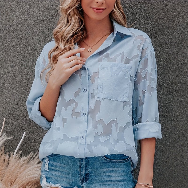 Niche Spring New Lace Fashion Long Sleeve Shirt Womens European and American Loose Casual Single Row Multi-button Chiffon Shirt Women Light blue - Image 1
