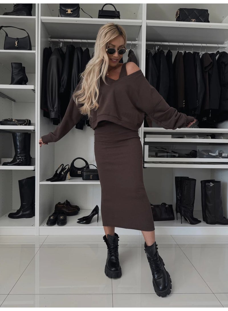 NIBEMINENT Spring Summer Women's Solid Color V neck Long Sleeved Sweatshirt with Strapless and Form Fitting Long Dress Set of 2 Pieces - Image 2