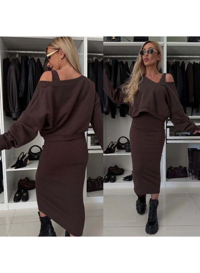 NIBEMINENT Spring Summer Women's Solid Color V neck Long Sleeved Sweatshirt with Strapless and Form Fitting Long Dress Set of 2 Pieces - Image 1