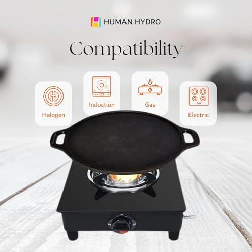 Human Hydro Pre-Seasoned Cast Iron Dosa Tawa (28 cm, Feather-Light, 2.2 kg) with Wooden Spatula | Flat Surface | Naturally Non-Stick | Gas & Induction Compatible | Black - Image 3