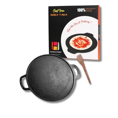 Human Hydro Pre-Seasoned Cast Iron Dosa Tawa (28 cm, Feather-Light, 2.2 kg) with Wooden Spatula | Flat Surface | Naturally Non-Stick | Gas & Induction Compatible | Black - Image 1