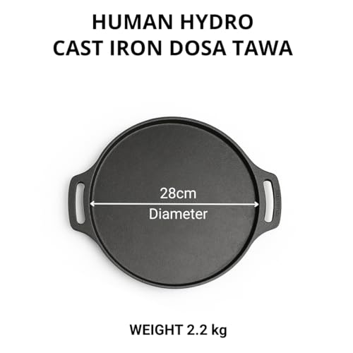 Human Hydro Pre-Seasoned Cast Iron Dosa Tawa (28 cm, Feather-Light, 2.2 kg) with Wooden Spatula | Flat Surface | Naturally Non-Stick | Gas & Induction Compatible | Black - Image 2