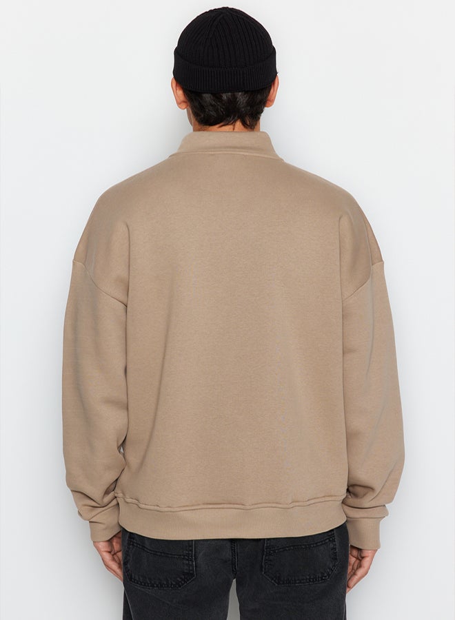 trendyol Oversize/Wide Cut Zippered Embroidered Detailed Fleece/Warm Sweatshirt TMNAW24SW00132 - Image 5