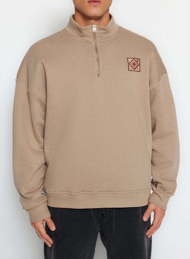 trendyol Oversize/Wide Cut Zippered Embroidered Detailed Fleece/Warm Sweatshirt TMNAW24SW00132 - Image 4