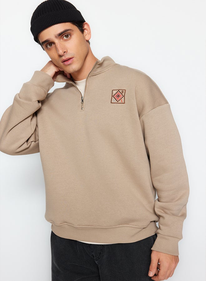trendyol Oversize/Wide Cut Zippered Embroidered Detailed Fleece/Warm Sweatshirt TMNAW24SW00132 - Image 1