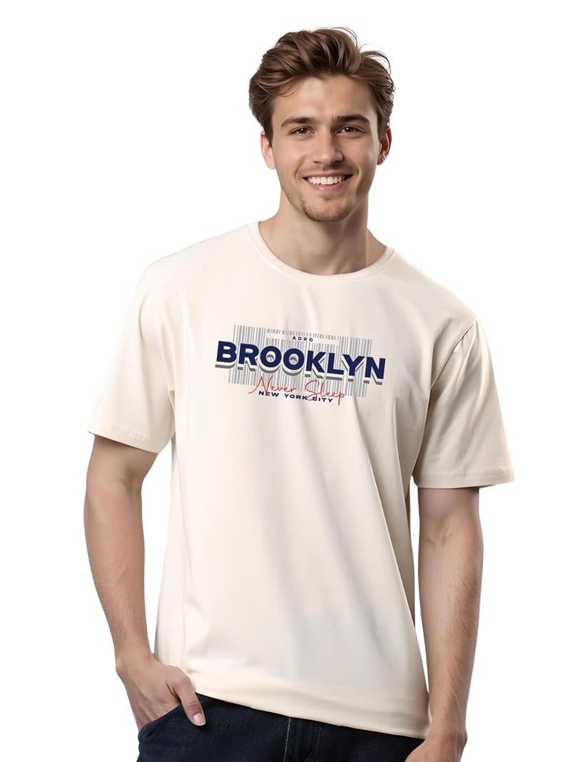 adro تي شيرت مطبوع للرجال من ADRO في قطن لايكرا الفاخر - مقاس عادي، رمل أبيض - Image 1