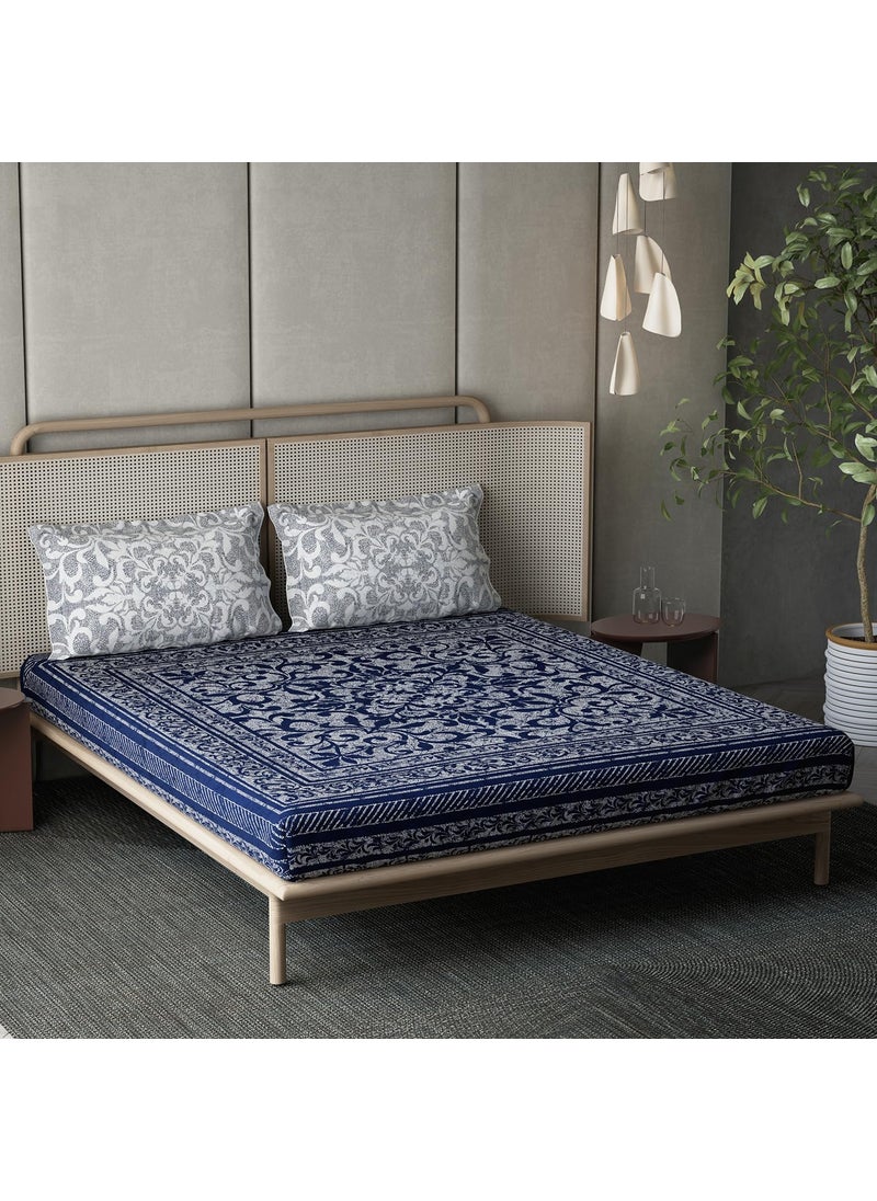 DDECOR Live beautiful Ddecor Pack of 1 Indigo Moods Collection 100 Cotton Queen Bedsheet with 2 Pillow Covers Blue 