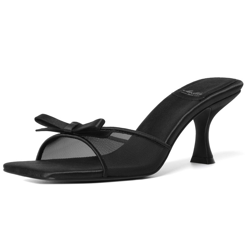 Mostrin Black Mesh Kitten Heels for Women Open Square Toe Mule Heeled Sandals with Bow Slip On Backless Dress Shoes for Wedding Party Holiday Size 7 - Image 1