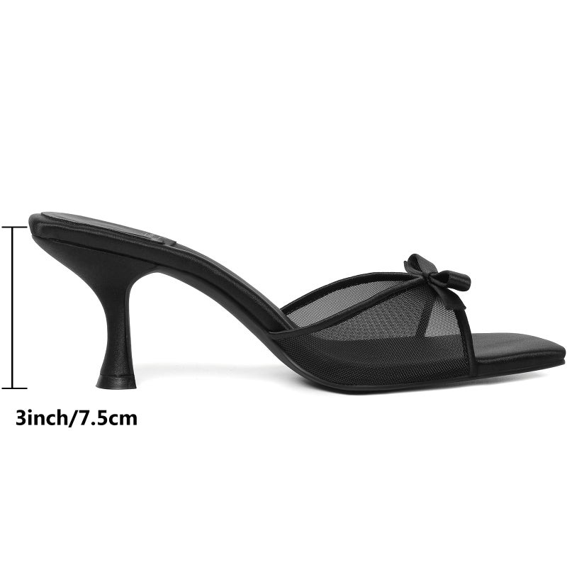 Mostrin Black Mesh Kitten Heels for Women Open Square Toe Mule Heeled Sandals with Bow Slip On Backless Dress Shoes for Wedding Party Holiday Size 7 - Image 4