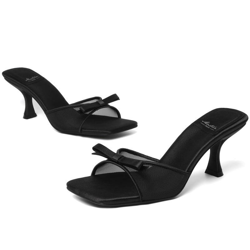 Mostrin Black Mesh Kitten Heels for Women Open Square Toe Mule Heeled Sandals with Bow Slip On Backless Dress Shoes for Wedding Party Holiday Size 7 - Image 5