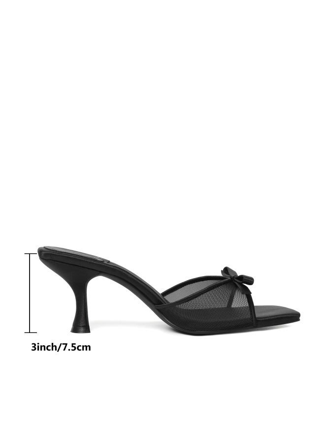 Mostrin Black Mesh Kitten Heels for Women Open Square Toe Mule Heeled Sandals with Bow Slip On Backless Dress Shoes for Wedding Party Holiday Size 7 - Image 1