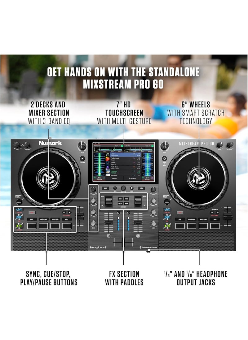 Numark - Numark Mixstream Pro Go - Standalone DJ Controller with Battery, DJ Mixer, Speakers, WiFi, Touchscreen, Works with Serato DJ - Image 1