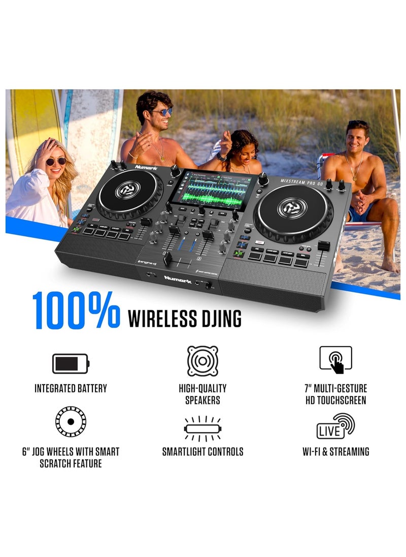 Numark - Numark Mixstream Pro Go - Standalone DJ Controller with Battery, DJ Mixer, Speakers, WiFi, Touchscreen, Works with Serato DJ - Image 1