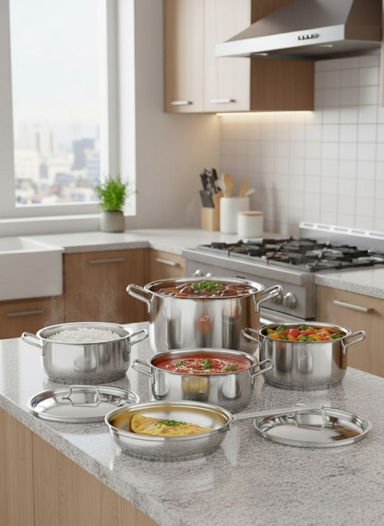Easy Cooking 9-Piece Stainless Steel Cookware Set Silver 18/10 (Made in Turkey), Set Includes; 16cm Deep Pot, 20cm Deep Pot, 24cm Deep Pot, 24cm Low Deep Pot, 24cm Frypan - Image 2