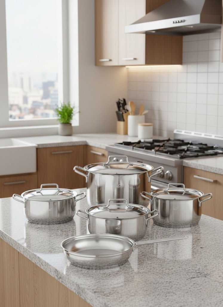Easy Cooking 9-Piece Stainless Steel Cookware Set Silver 18/10 (Made in Turkey), Set Includes; 16cm Deep Pot, 20cm Deep Pot, 24cm Deep Pot, 24cm Low Deep Pot, 24cm Frypan - Image 1