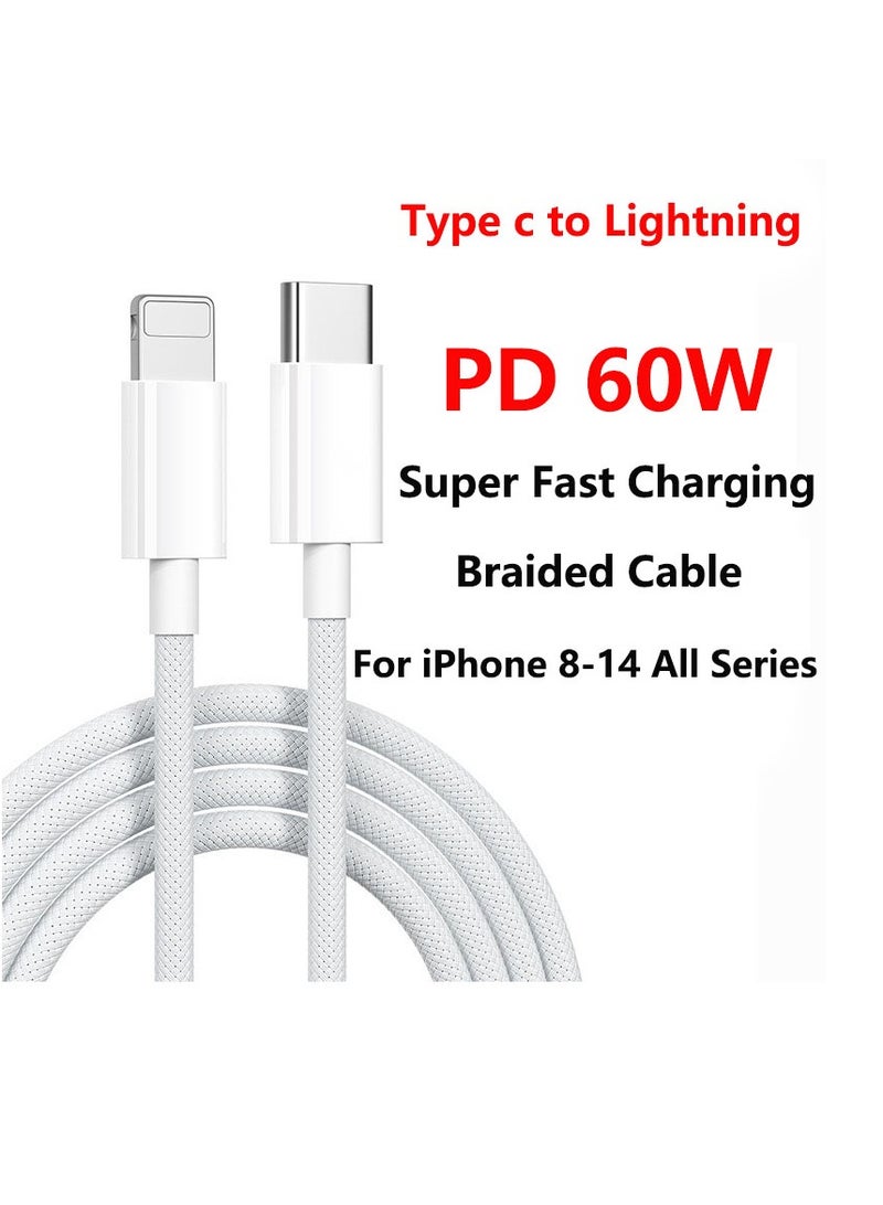 كابل USB Type C مضفر من النايلون بطول 1.5 متر (4.92 قدم) مع شحن سريع من Lightning وPD بقوة 60 وات لهاتف iPhone 14/14 Pro/14 Plus/14 Pro Max، وiPad Pro، وiPhone 8-13 من جميع السلاسل، باللون الأبيض - Image 1