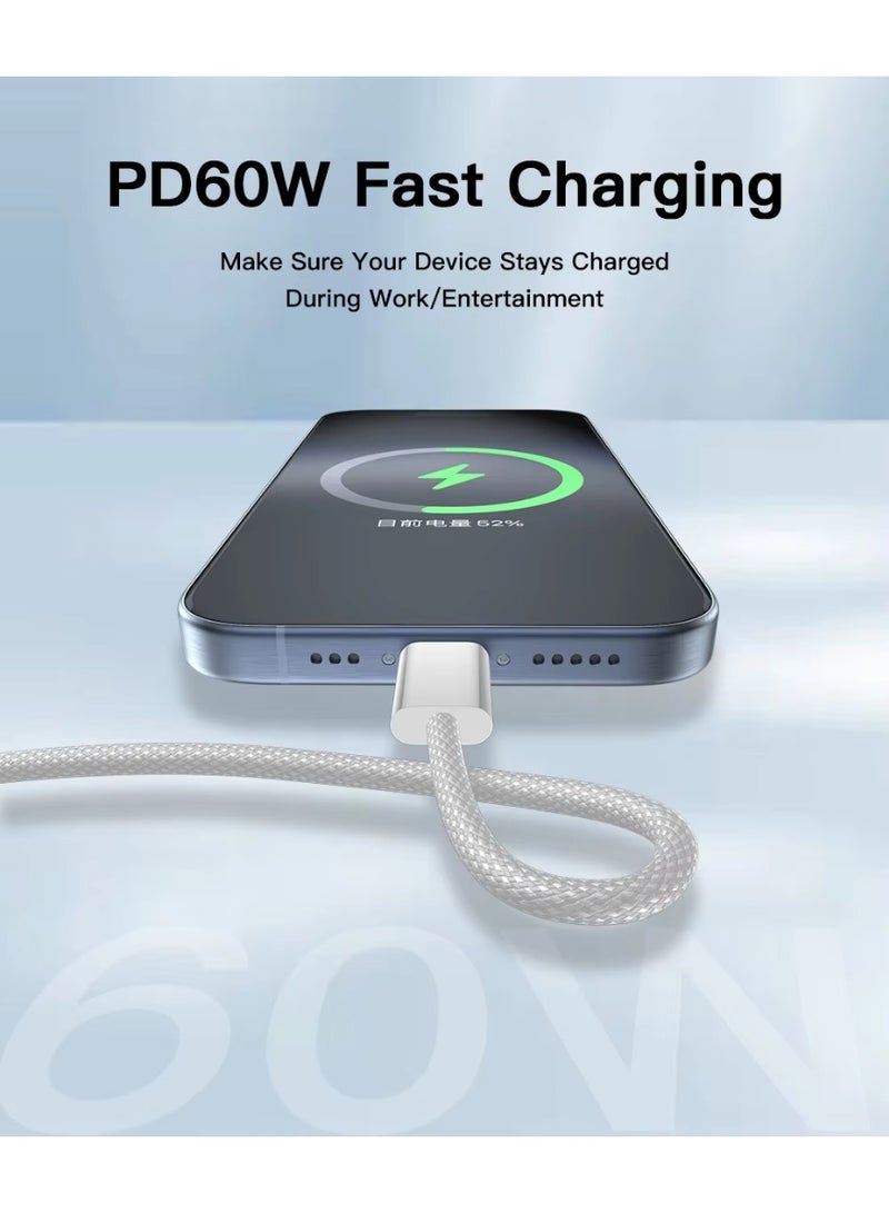 كابل USB Type C مضفر من النايلون بطول 1.5 متر (4.92 قدم) مع شحن سريع من Lightning وPD بقوة 60 وات لهاتف iPhone 14/14 Pro/14 Plus/14 Pro Max، وiPad Pro، وiPhone 8-13 من جميع السلاسل، باللون الأبيض - Image 2