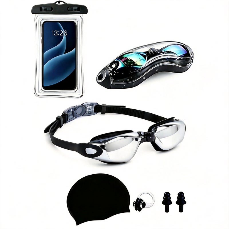 Ke Nai Da Adult Swimming Goggles Set with Electroplated Lens, Silicone Cap, Waterproof Phone Pouch, Nose Clip & Ear Plugs - 5 Piece Kit - Image 4