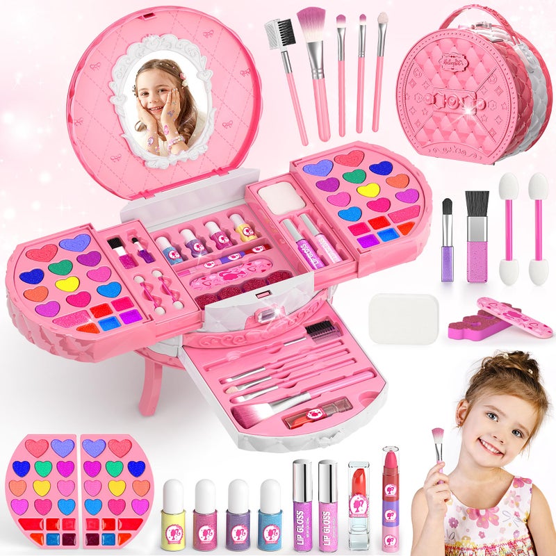 PERRYHOME Kids Makeup Kit for Girl, 59 Pcs Washable Real Cosmetic Set with Mirror, Non-Toxic Kids Makeup Set, Toddler Nail Polish Kit, Princess Makeup Toys & Birthday Gifts for 3-12 Years Old (Pink) - Image 1