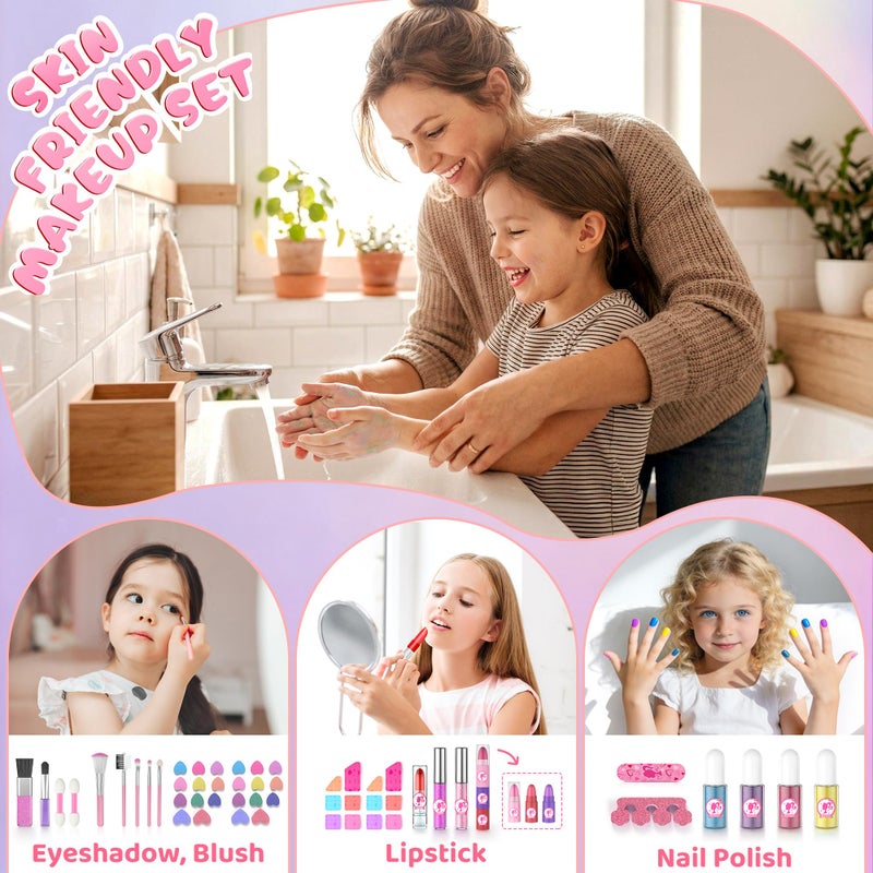 PERRYHOME Kids Makeup Kit for Girl, 59 Pcs Washable Real Cosmetic Set with Mirror, Non-Toxic Kids Makeup Set, Toddler Nail Polish Kit, Princess Makeup Toys & Birthday Gifts for 3-12 Years Old (Pink) - Image 5