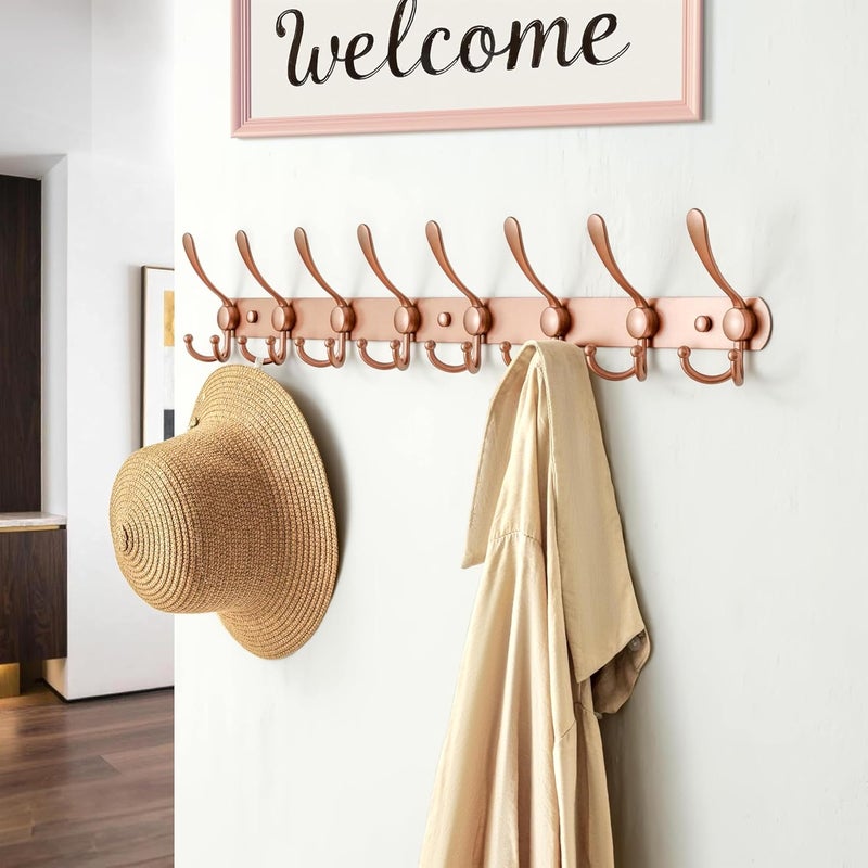 Dseap Popular trusted craftsmanship Coat Rack Wall Mount - 29.5” Long 8-Tri-Hooks Heavy Duty Coat Hanger Rail Wall Hooks for Hanging Coats Hats Clothing Clothes Purse Mudroom Entryway, Rose Gold Quick use-switch compatible build - Image 3