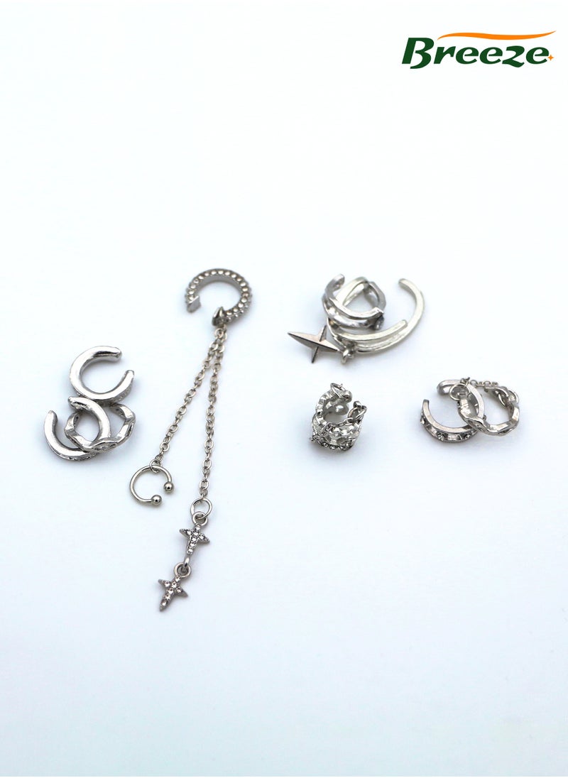 Breeze Set of 5 women's jewelry  C-Shaped Ear Cuff, silver personalized trendy and cool piercing-free earrings  - Image 1