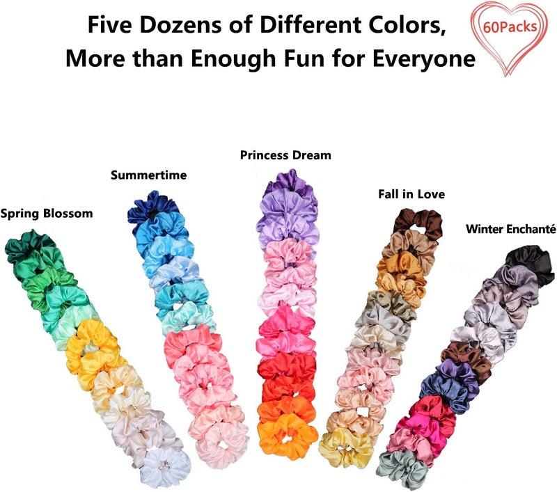 BeeVines 60 Pack Hair Scrunchies, Silk Hair Ties, Silky Curly Hair Elastics for Kids & Women, Elastic Hair Accessories Silk Ties, Satin Silk Scrunchies Girl's Hair ties Pack Birthday Gift - Image 2
