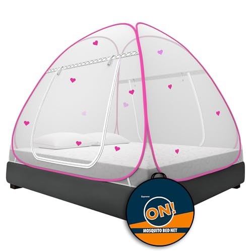 KOLAR Supreme On Mosquito Net for Double Bed | Polyester | King Size Foldable Machardani with Heart Design |Strong and Durable|Tent Type Corrosion Resistant -White Pink Color - Image 1