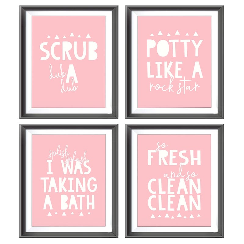 AEHIE So Fresh and Clean Colorful Bathroom Art Poster Prints for Home Kid Washroom Restroom Nursery Toilet Laundry Decor  Funny Bathroom Rules Word Decorations Prints Wall Art Unframed 4pcs (Pink) 8x10in - Image 1