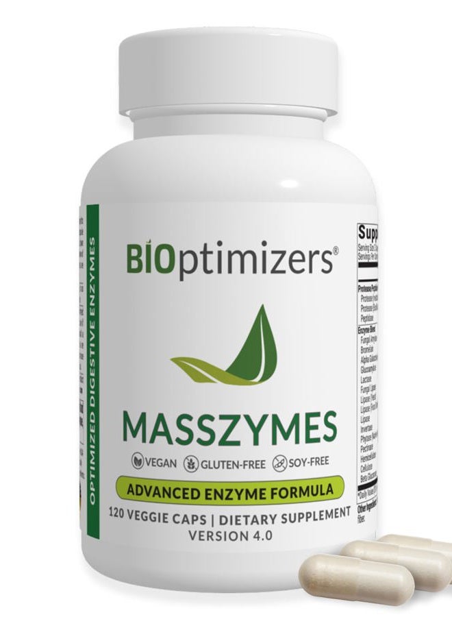 BiOptimizers MassZymes - Complete Digestive Enzymes Supplement for Gut Health - Bloating Relief for Men and Women - Lipase Amylase Bromelain Digestive Enzymes (120 Capsules) - Image 1