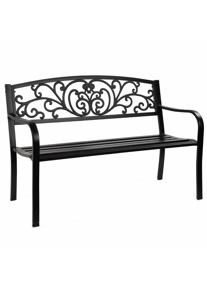 Giantex 50" Patio Garden Bench, Loveseats Park Yard Furniture, Black Steel Cast Iron Frame Chair, Metal Bench Outdoor with Floral Scroll Pattern - Image 1