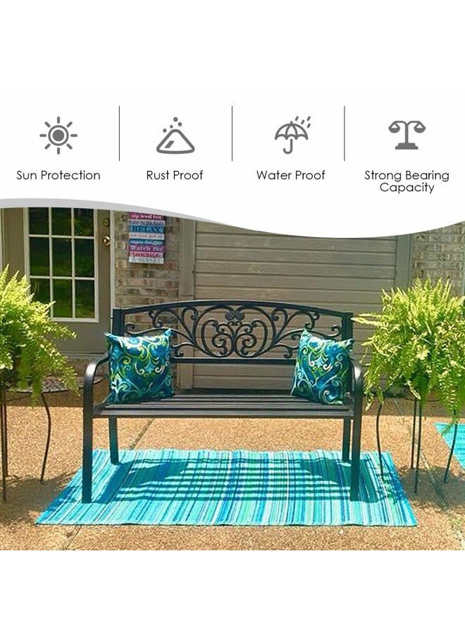 Giantex 50" Patio Garden Bench, Loveseats Park Yard Furniture, Black Steel Cast Iron Frame Chair, Metal Bench Outdoor with Floral Scroll Pattern - Image 4