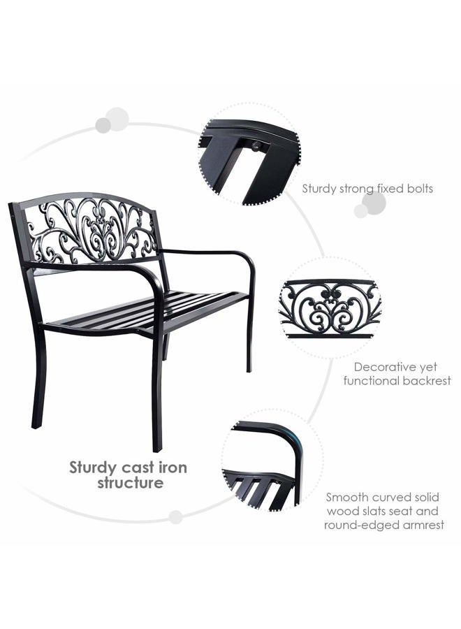 Giantex 50" Patio Garden Bench, Loveseats Park Yard Furniture, Black Steel Cast Iron Frame Chair, Metal Bench Outdoor with Floral Scroll Pattern - Image 3