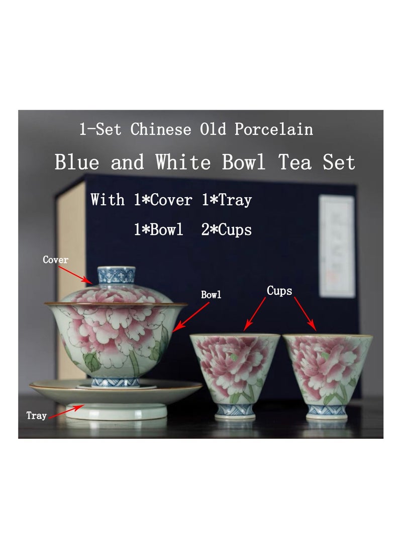 1-Set Chinese Old Porcelain Blue and White Bowl Tea Set,Chinese Tea Bowl with Cover Tray and Cups,Chinese Traditional Handicraft Ceramic Tea Set  - Image 1