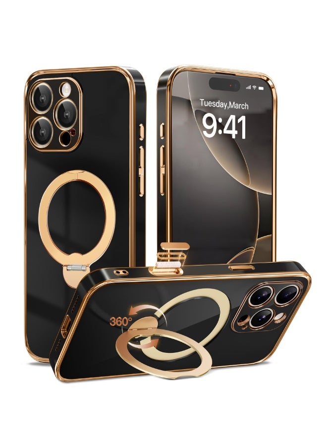 جولبينبوكس غطاء هاتف آيفون 16 برو ماكس مع حامل مغناطيسي دوار بزاوية 360°، متوافق مع ماج‌سيف، حماية من السقوط، حامل حلقي مدمج، غطاء مقاوم للصدمات لهاتف 16 برو ماكس، أسود ذهبي - Image 1