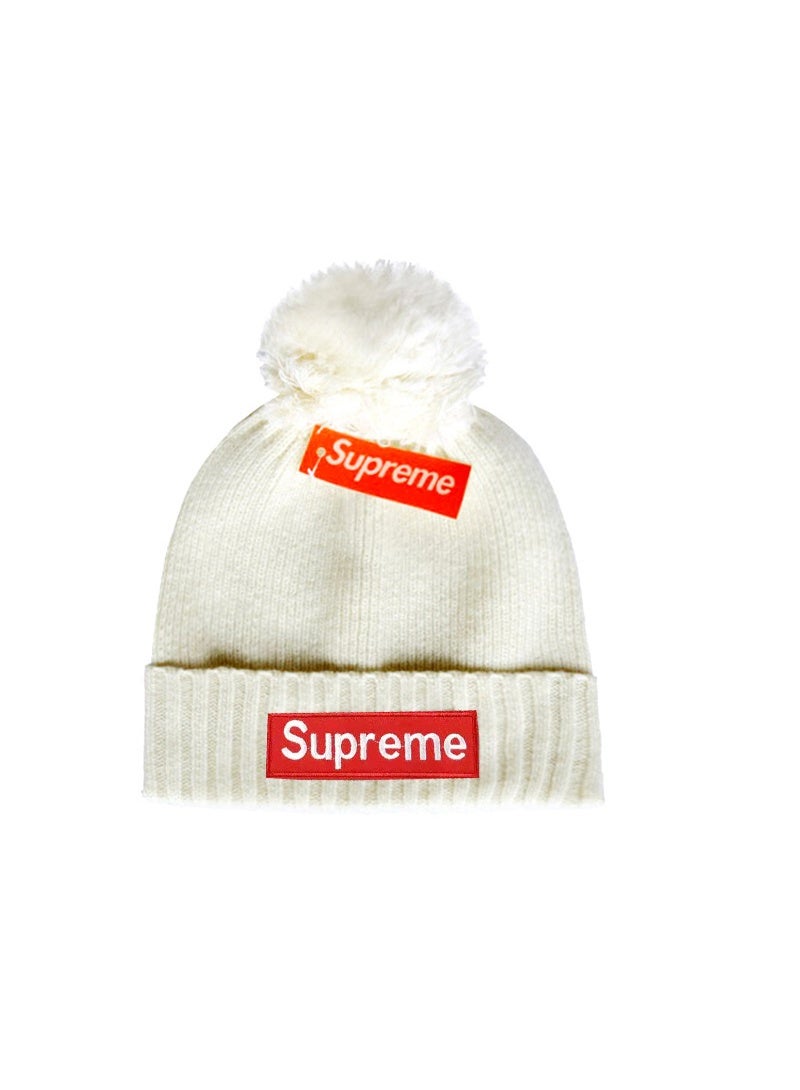 Supreme Cream Pom-Pom Knit Beanie with Red Box Logo Patch & Hang Tag