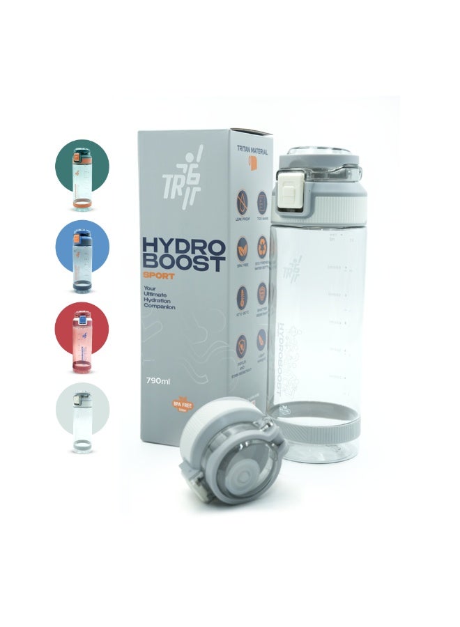 TR6 Hydra Boost Sport Clear Gym Bottle Leak Proof BPA Free Flip Lock Lid Carry Holder Lightweight for Gym Office Travel Hydration Tracker with Markings 790ml (White, 790 ml) - Image 1
