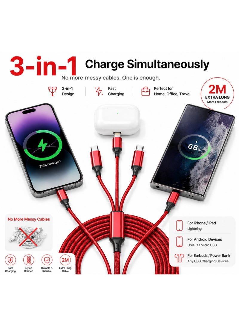 Red 2M Extra Long 3-in-1 Multi Charging Cable, Nylon Braided Universal USB to Type-C/Micro/Lightning Cord for iPhone, Samsung - Image 2