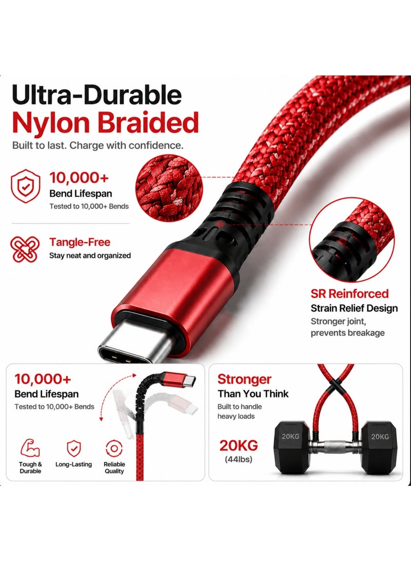 Red 2M Extra Long 3-in-1 Multi Charging Cable, Nylon Braided Universal USB to Type-C/Micro/Lightning Cord for iPhone, Samsung - Image 3