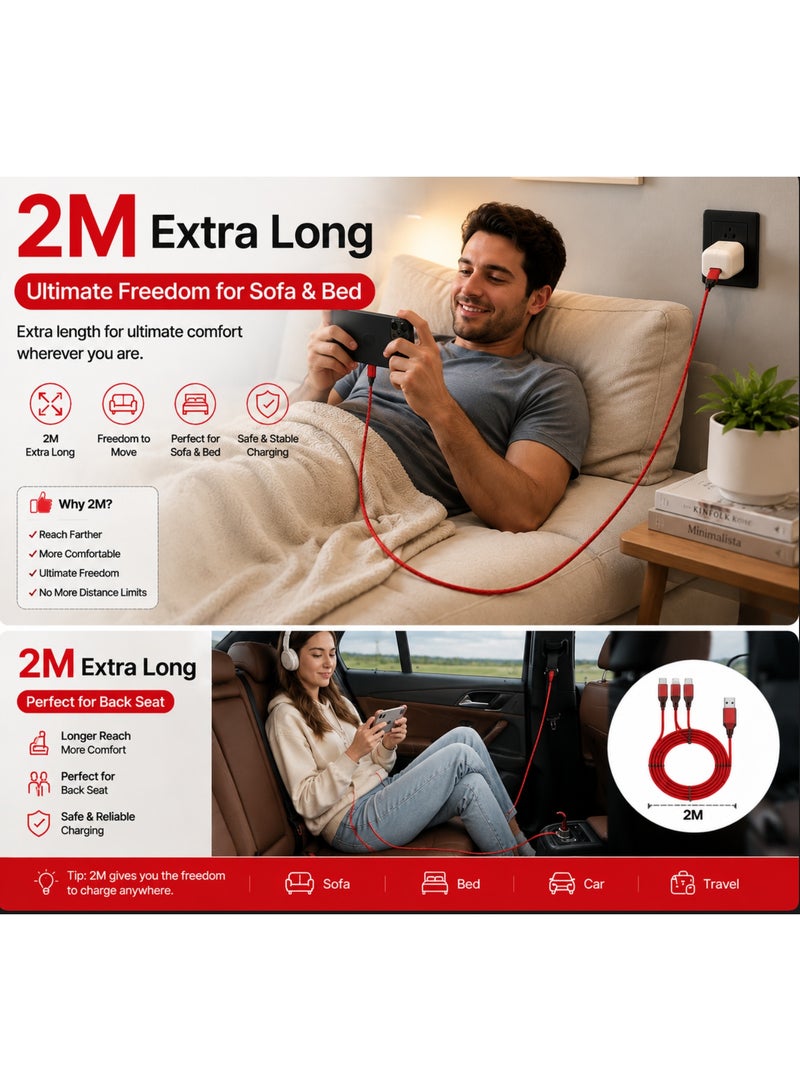 Red 2M Extra Long 3-in-1 Multi Charging Cable, Nylon Braided Universal USB to Type-C/Micro/Lightning Cord for iPhone, Samsung - Image 4