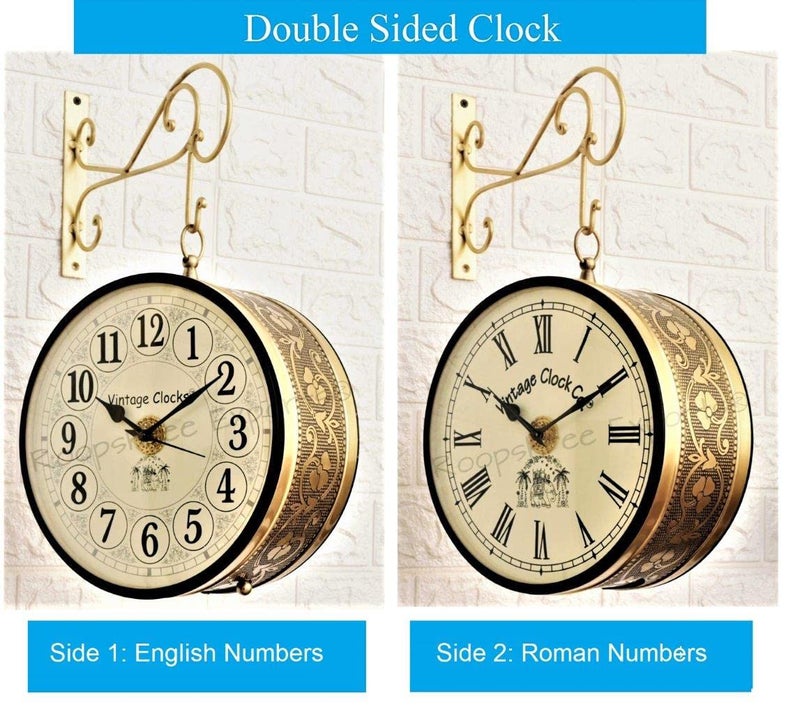 Vintage Clock Handcrafted Double Side Clock with English & Roman Numbers 1 Year Warranty (12 Inches Size, Brass Finish, Floral Design) - Image 2