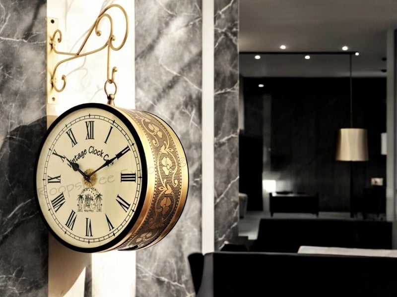 Vintage Clock Handcrafted Double Side Clock with English & Roman Numbers 1 Year Warranty (12 Inches Size, Brass Finish, Floral Design) - Image 4