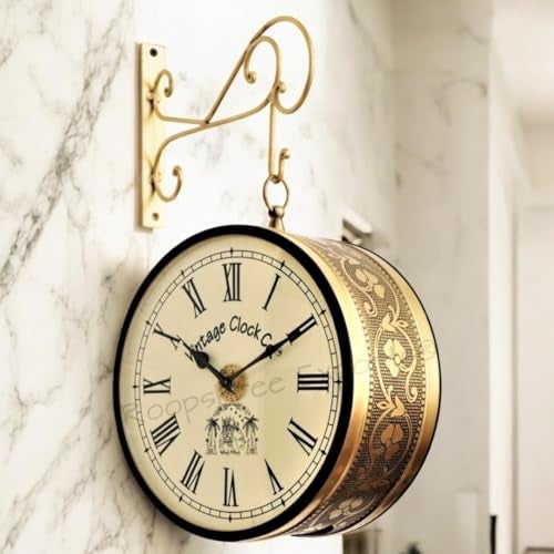 Vintage Clock Handcrafted Double Side Clock with English & Roman Numbers 1 Year Warranty (12 Inches Size, Brass Finish, Floral Design) - Image 1